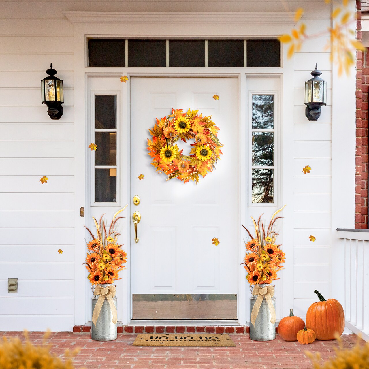 Set of 2 Fall Sunflower Leaf Potted Tree Thanksgiving Porch Decor